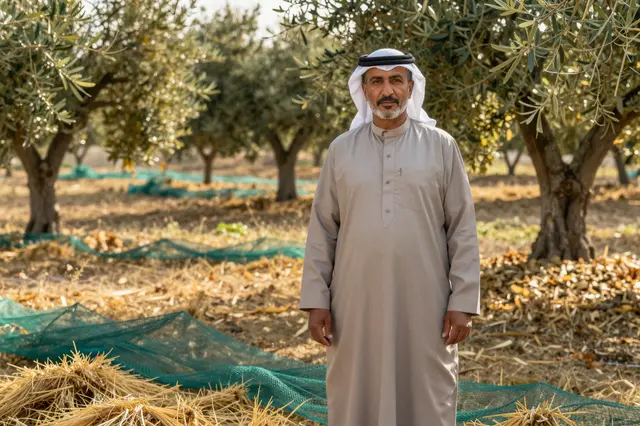 Middle Eastern man in traditional clothing stands in an olive grove with harvest nets on the ground in warm autumn light.