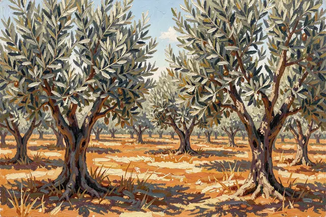 Textured oil painting of a sunlit olive grove with silvery foliage on a hot clear day
