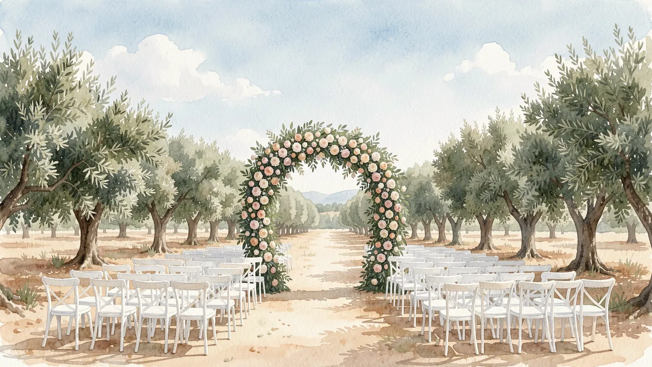 Watercolor illustration of a floral wedding arch flanked by white chairs in an olive grove under a soft pale sky