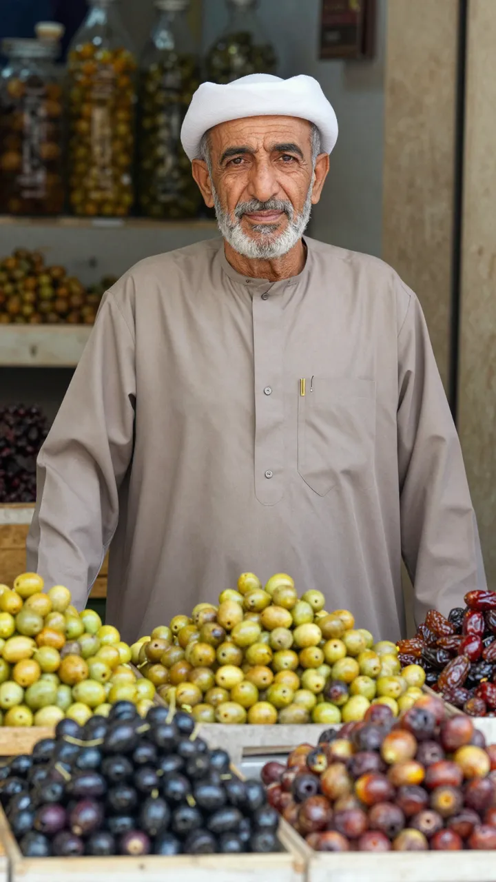 Senior Middle Eastern vendor stands behind his stall displaying olives and dried fruit.