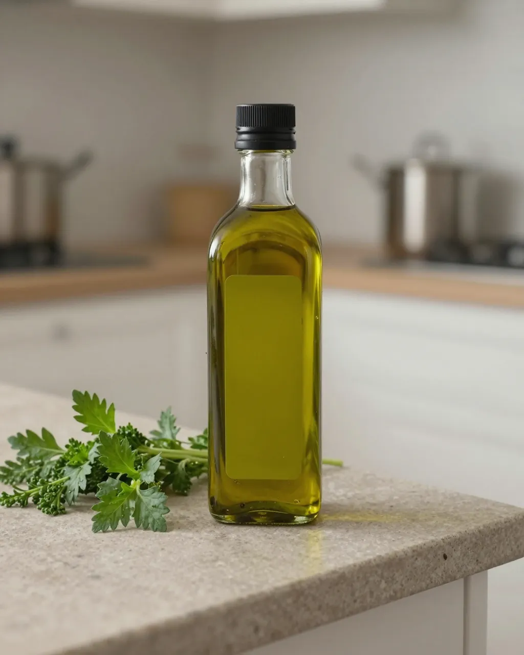 Unlabeled clear olive oil bottle sits next to fresh green herbs on a stone kitchen countertop.