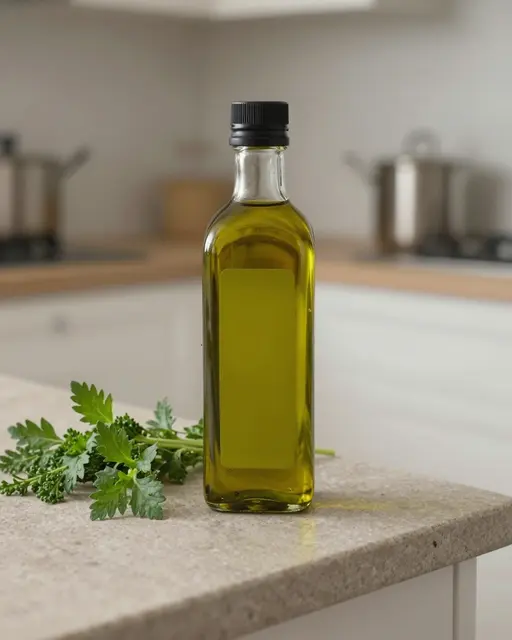 Unlabeled clear olive oil bottle sits next to fresh green herbs on a stone kitchen countertop.