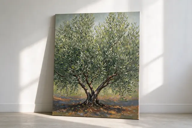 An acrylic olive tree painting propped against a white wall on a sunlit studio floor