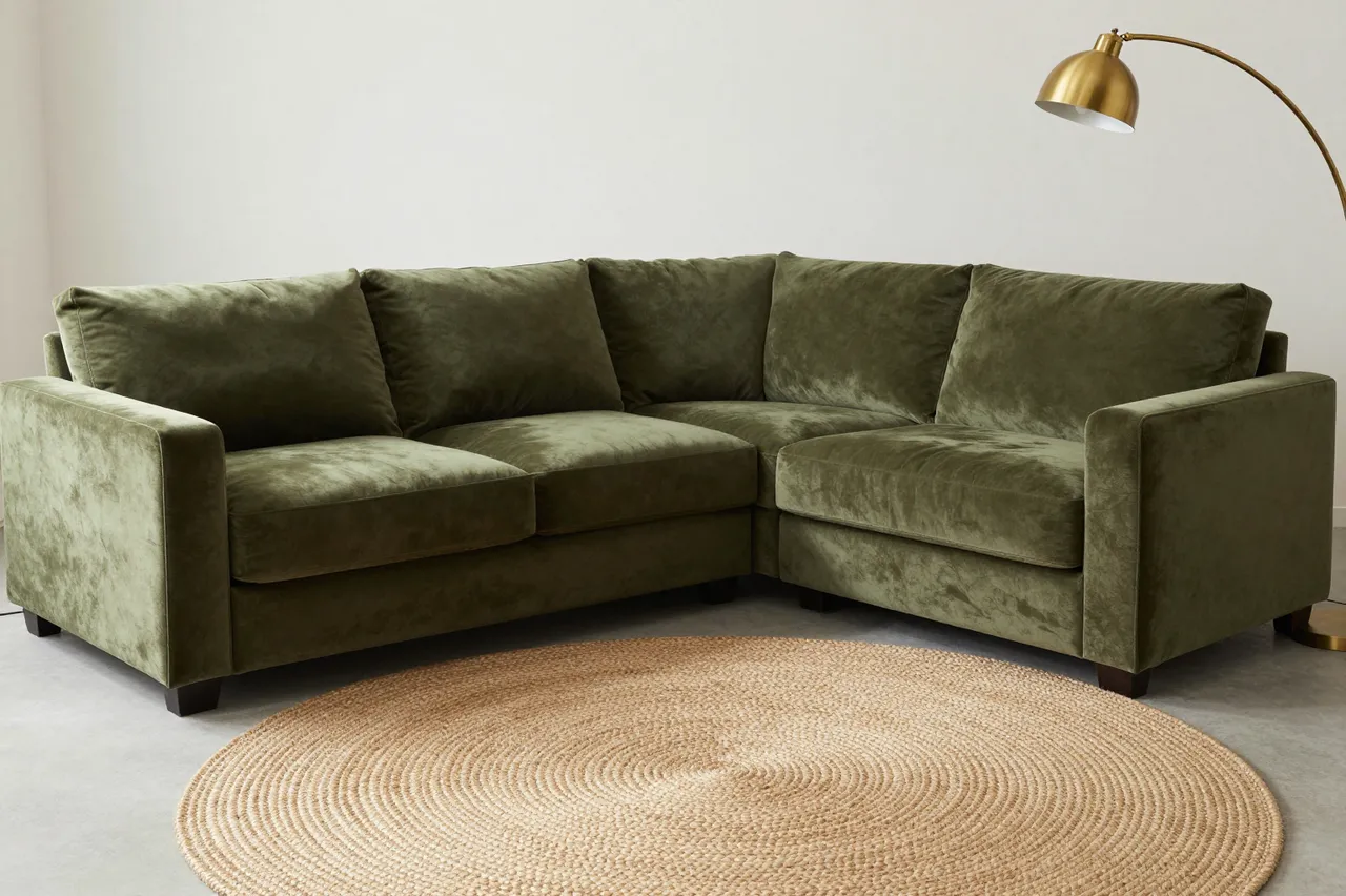 An olive velvet L-shaped sectional sits above a round jute rug next to a brass arc floor lamp in a minimal living room.