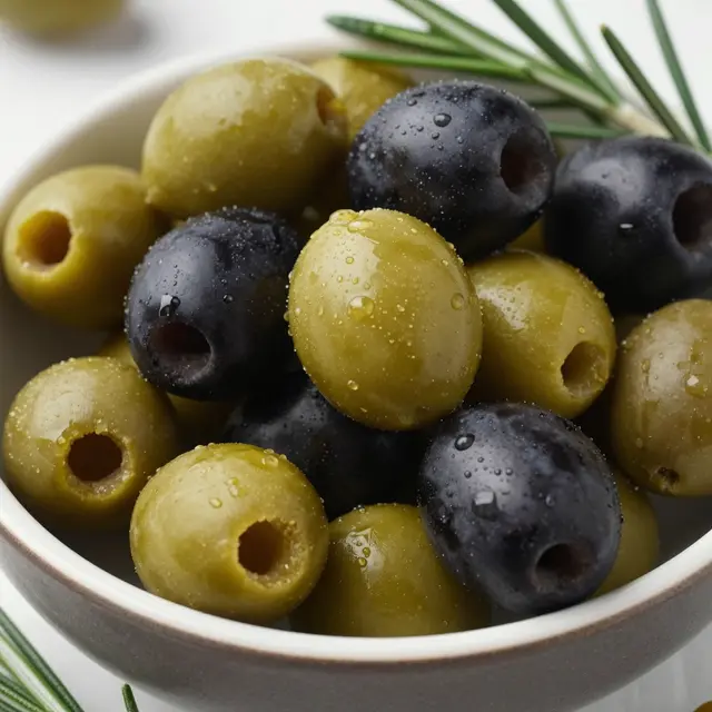 Close up of pitted green and black olives with water droplets in a bowl next to fresh rosemary sprigs