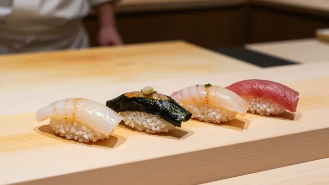 Four pieces of assorted nigiri sushi arranged in a row on a light wooden omakase counter