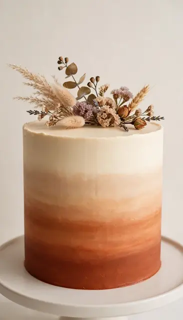 Tall ombre buttercream cake with dried floral topper sits on a white cake stand against a plain light backdrop
