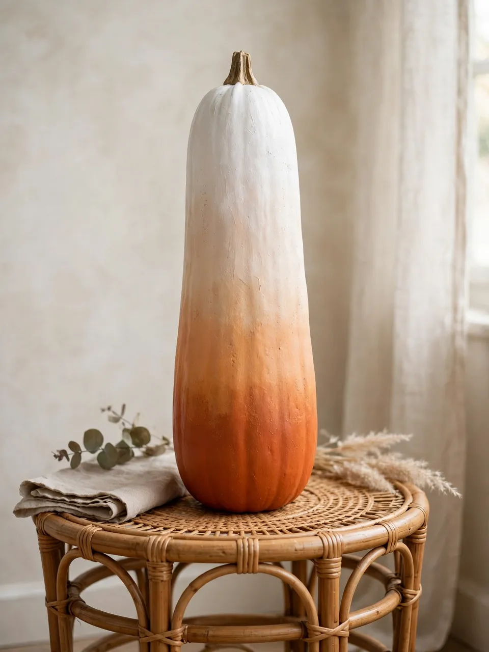 A tall ombre painted pumpkin sits on a round rattan side table with linen and dried decor accents.