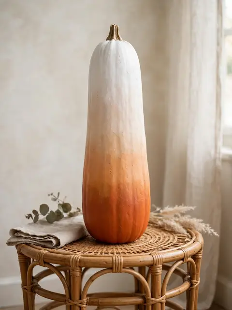 A tall ombre painted pumpkin sits on a round rattan side table with linen and dried decor accents.