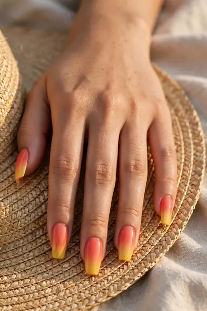 A close-up of a hand with coral to yellow ombre coffin nails resting on a woven straw sun hat.