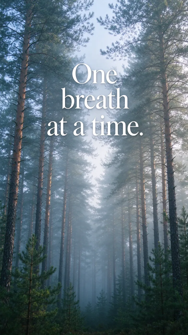 Vertical phone wallpaper of a misty morning pine forest with white serif text reading "One breath at a time."
