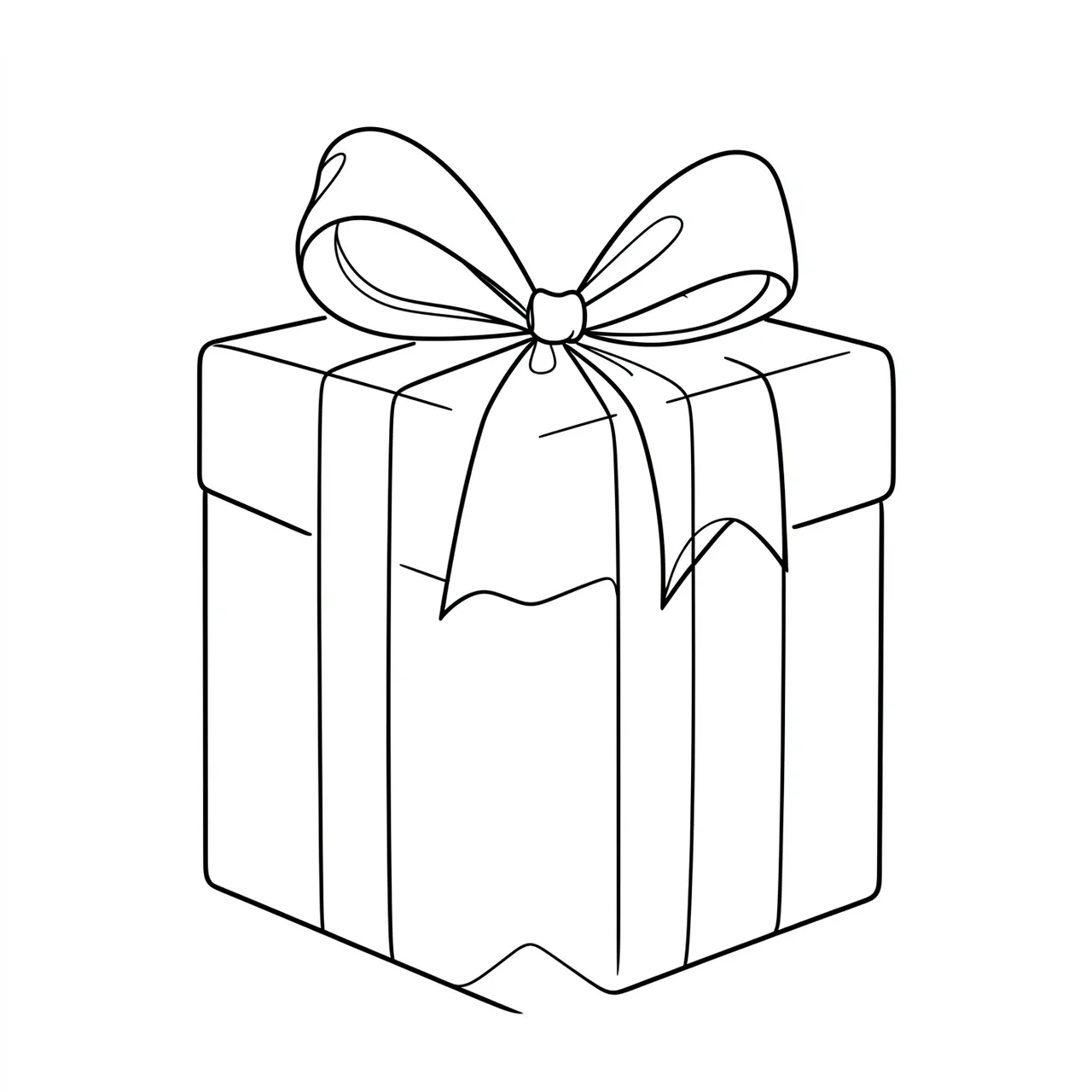 Continuous black one-line drawing of a wrapped gift box with a large ribbon bow on a plain white background