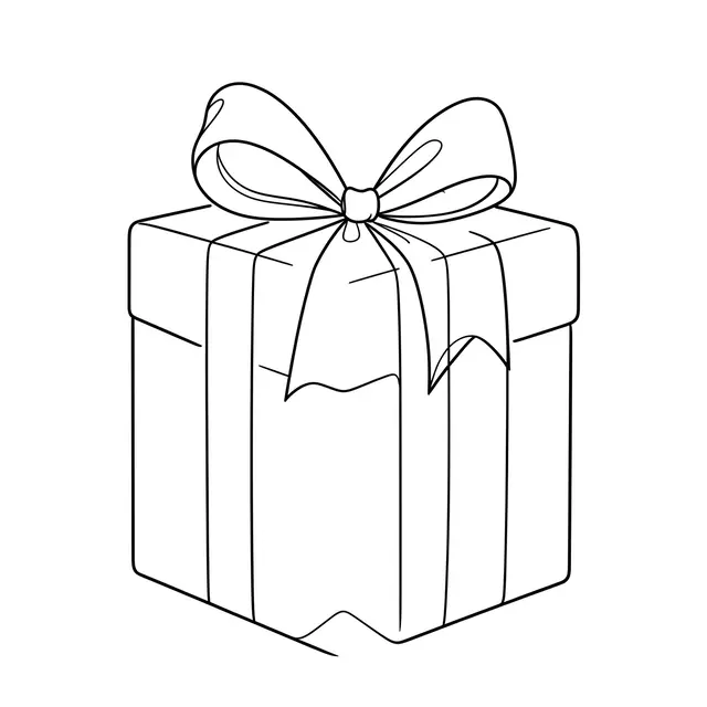 Continuous black one-line drawing of a wrapped gift box with a large ribbon bow on a plain white background
