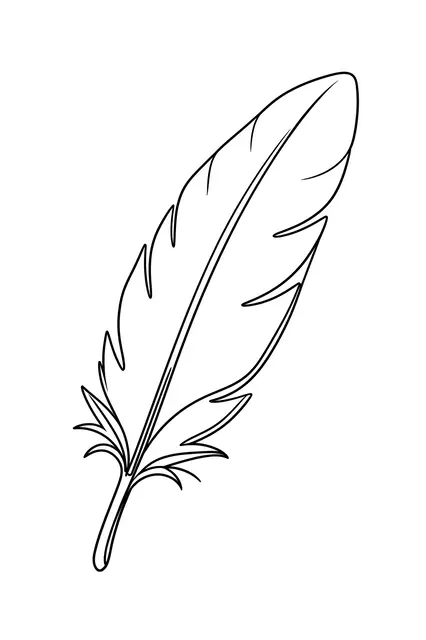 A clean continuous black one-line drawing of a feather on a plain white background