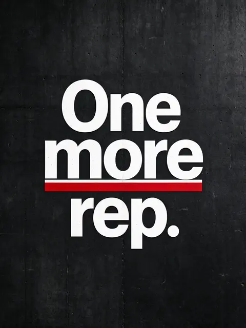 Bold white "One more rep." text with a red underline stripe on a dark textured concrete wall background