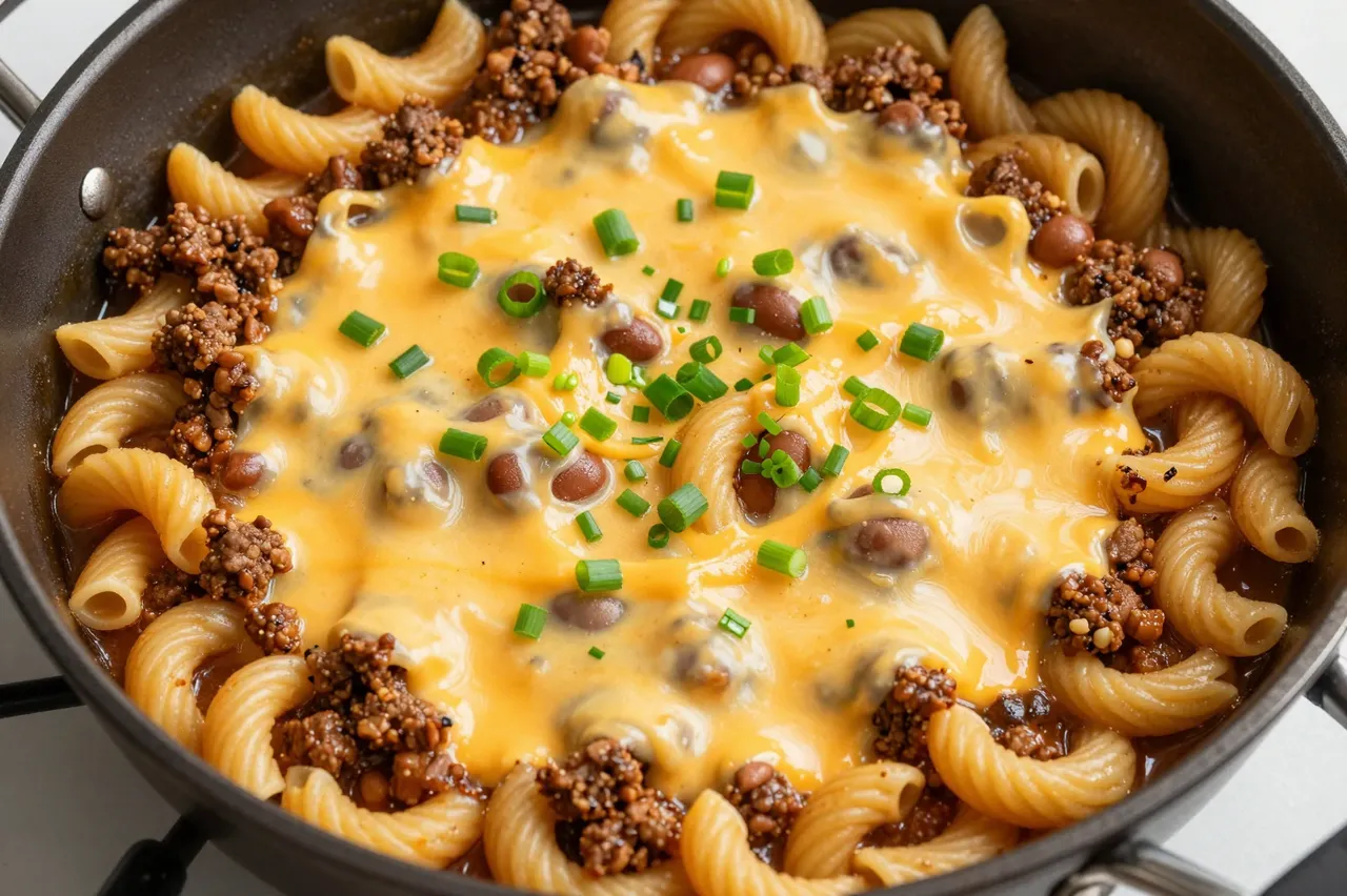 Overhead view of chili macaroni with melted cheddar and scallions in a dark pan