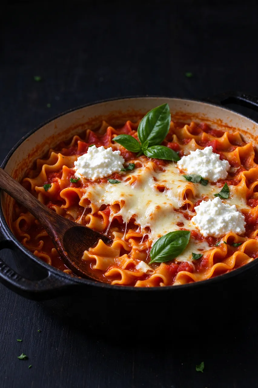 Lasagna soup with melted cheese, ricotta dollops and basil in a black cast iron pot with a wooden spoon.
