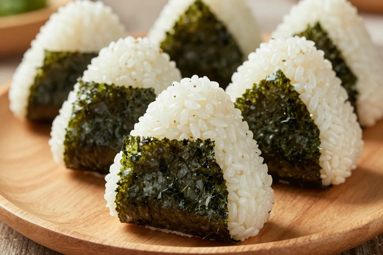 Triangular rice onigiri wrapped in nori are arranged neatly on a light wooden plate.
