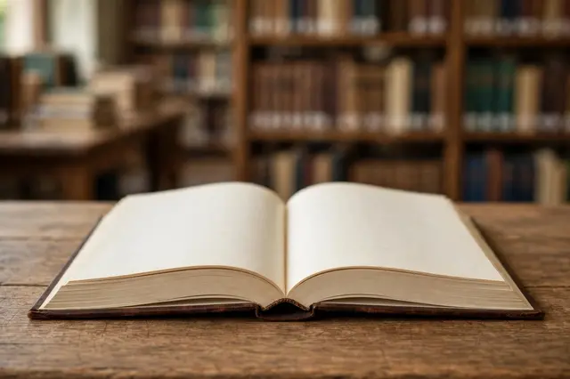 An open book with blank cream pages rests on a worn wooden library table, with blurred bookshelves in the background.