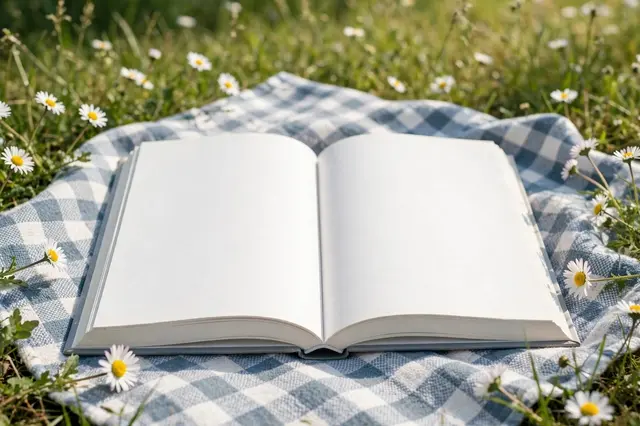 An open book with blank pages rests on a checkered picnic blanket in a sunlit daisy meadow.