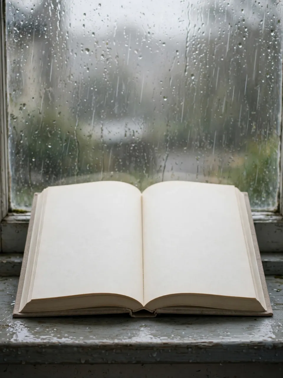 An open book with blank cream pages rests on a weathered windowsill behind rain streaked glass
