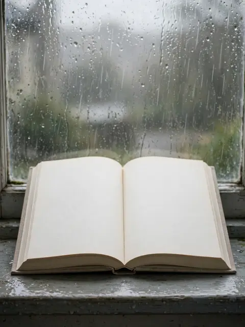 An open book with blank cream pages rests on a weathered windowsill behind rain streaked glass