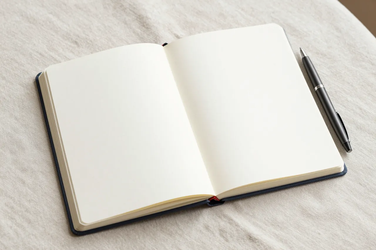 An open blank notebook with a pen rests on a soft linen tablecloth in gentle natural light