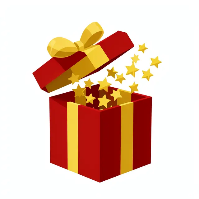 Red and gold open gift box with tilted lid and golden stars bursting out against a plain white background