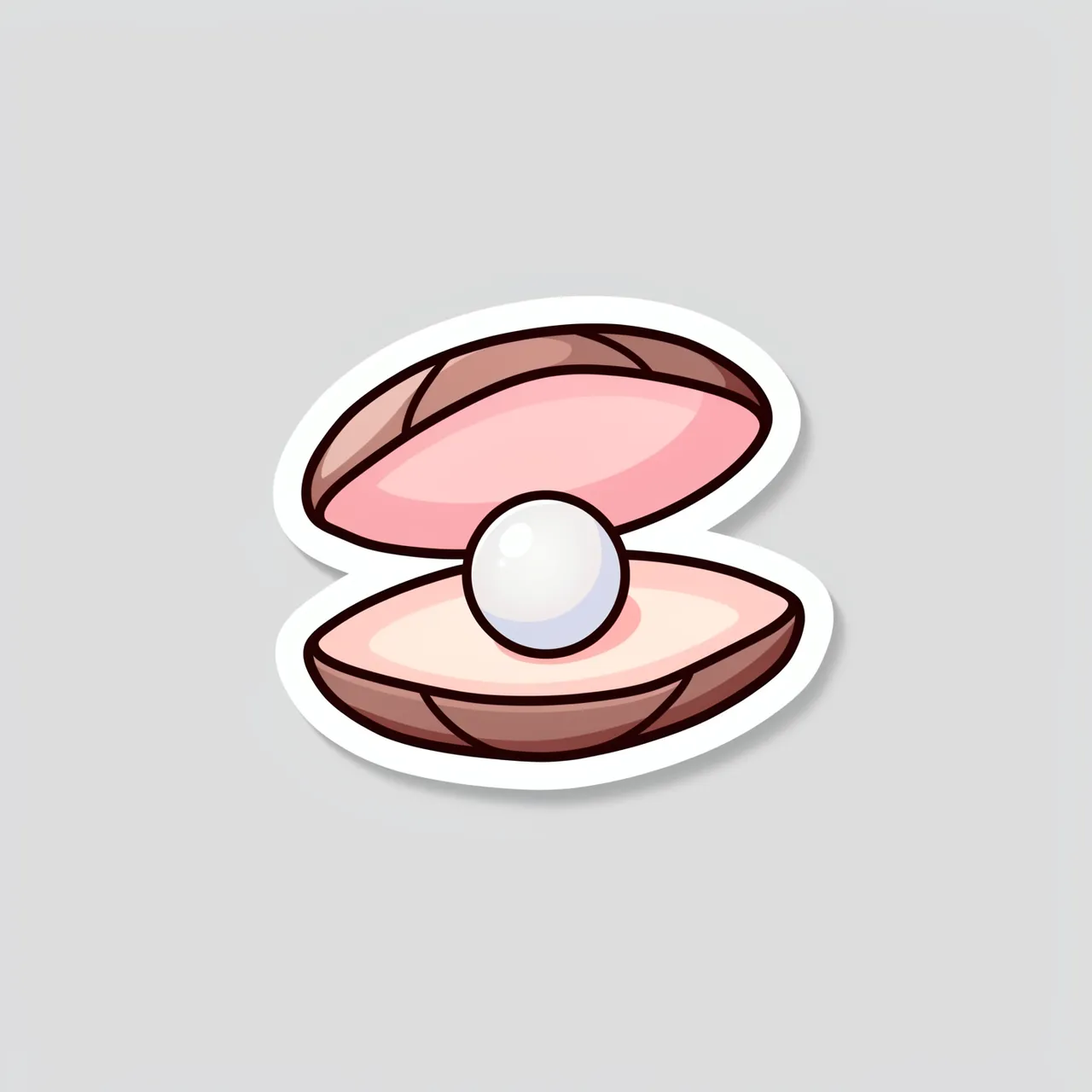 Cute flat illustration sticker of an open clam holding a shiny pearl on a light gray background