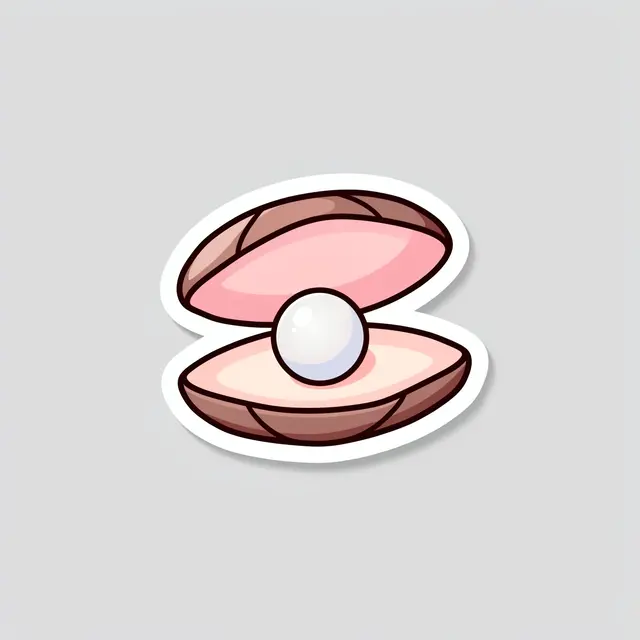 Cute flat illustration sticker of an open clam holding a shiny pearl on a light gray background