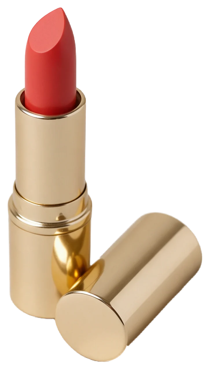 An open coral-red lipstick in a plain gold tube with its cap resting beside it