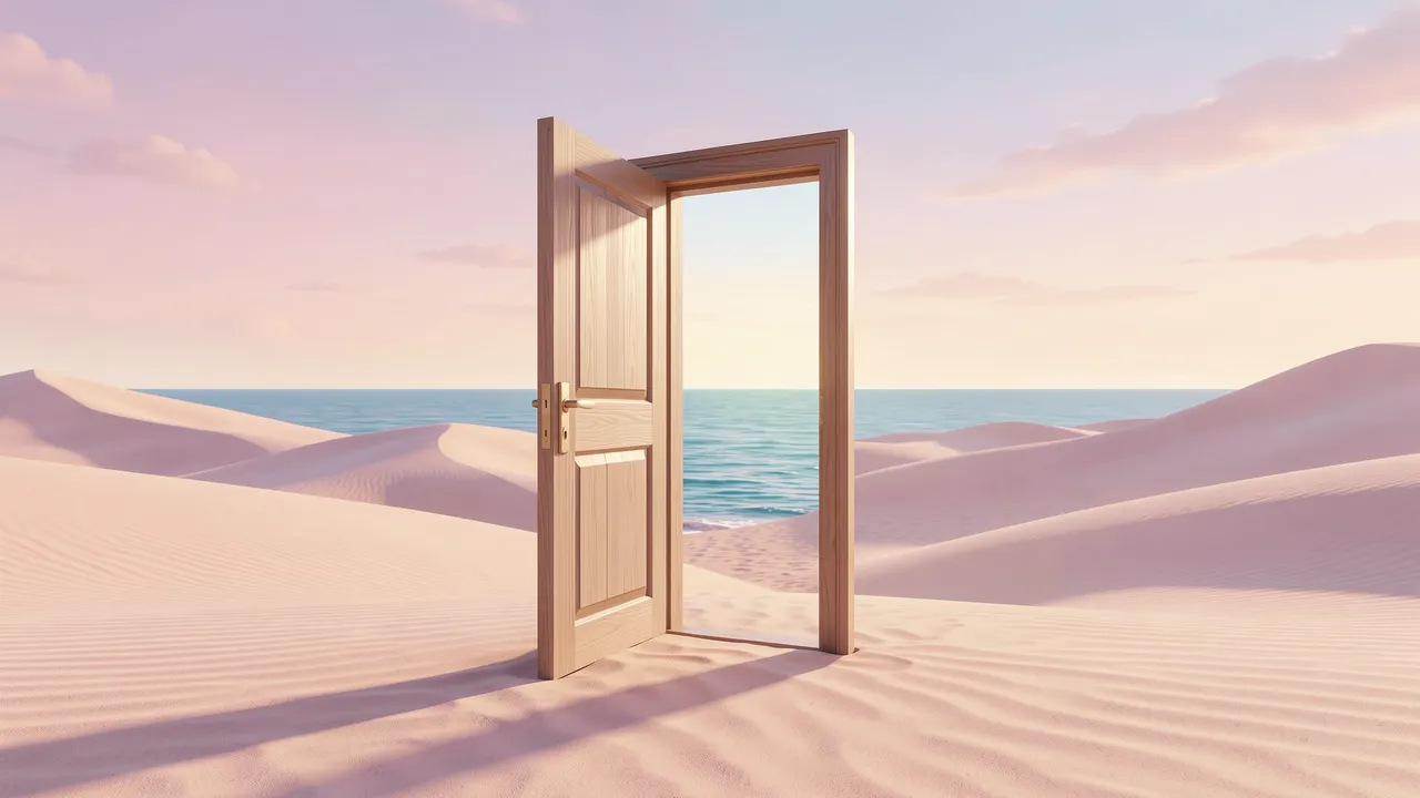 An open wooden door standing alone in soft pastel sand dunes frames a view of the distant sea