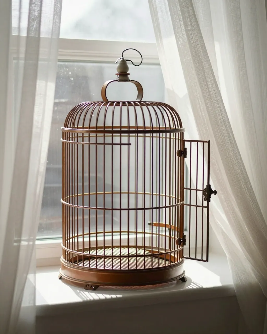 An empty vintage birdcage with an open door sits on a sunlit windowsill beside sheer curtains