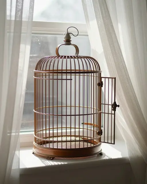 An empty vintage birdcage with an open door sits on a sunlit windowsill beside sheer curtains