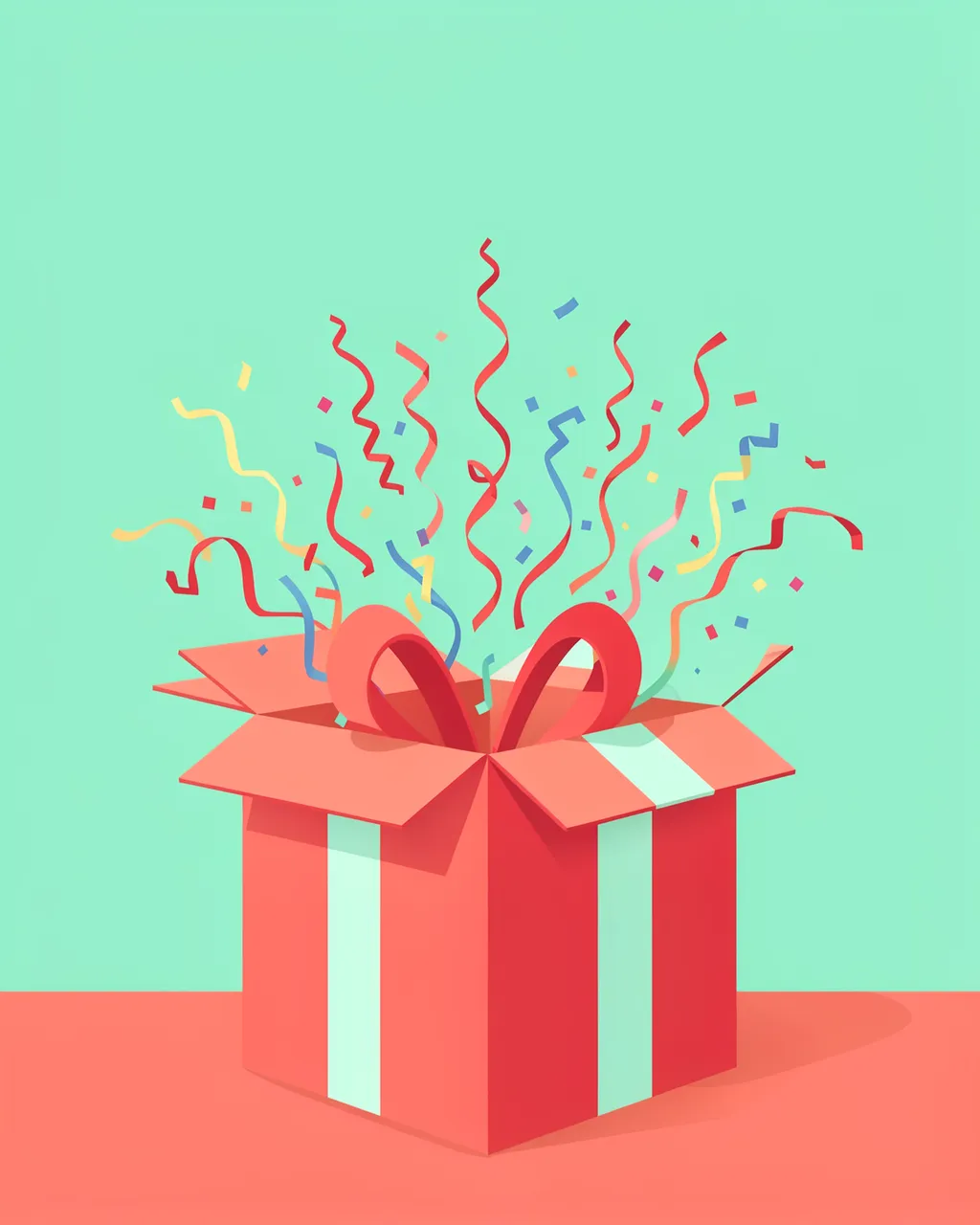 An open coral gift box with streamers bursting upward against a mint green background with empty upper copy space