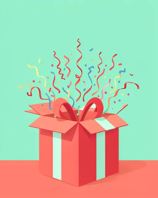 An open coral gift box with streamers bursting upward against a mint green background with empty upper copy space