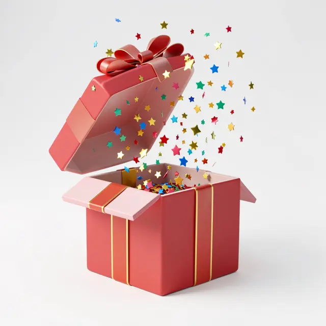A 3D rendered open red gift box releases colorful star-shaped confetti into a neutral light background