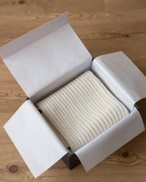 Top view of an open gift box with white tissue paper holding a folded cream knit scarf on a wooden floor