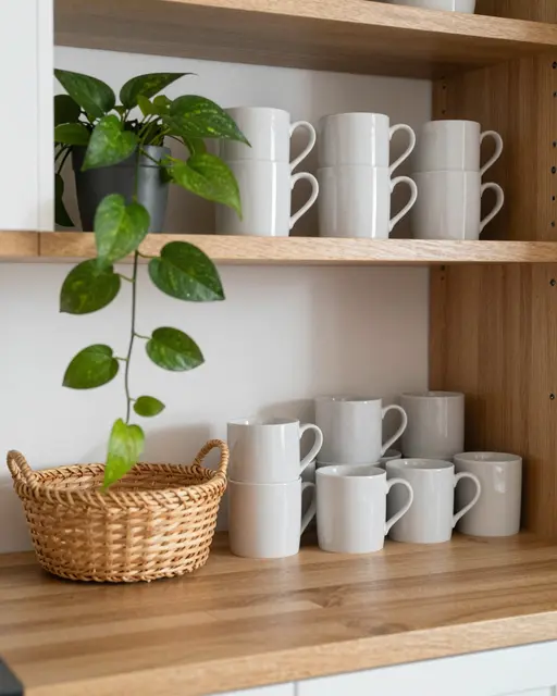 Wooden open kitchen shelves stacked with white mugs, a woven basket, and a trailing pothos plant