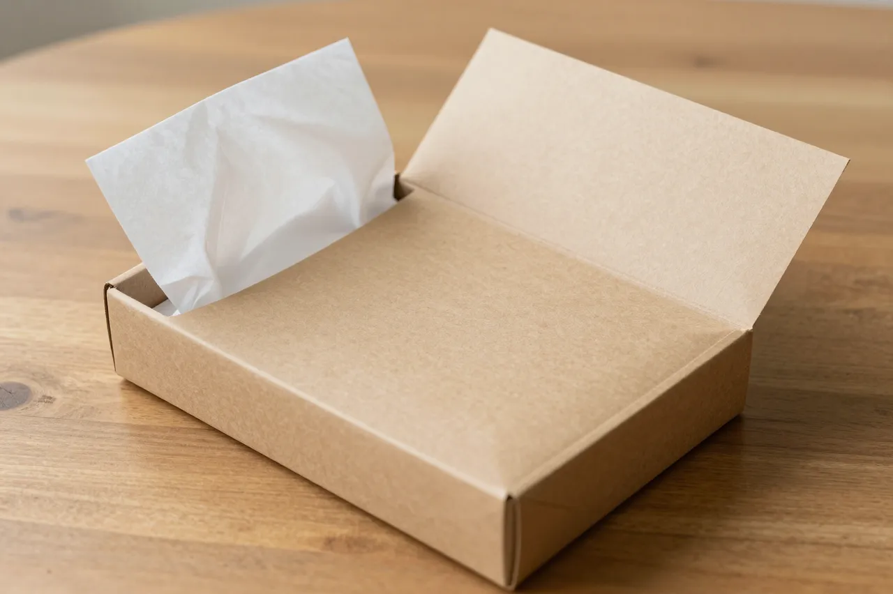 An open plain kraft mailer box with white tissue paper sits on a light wooden table