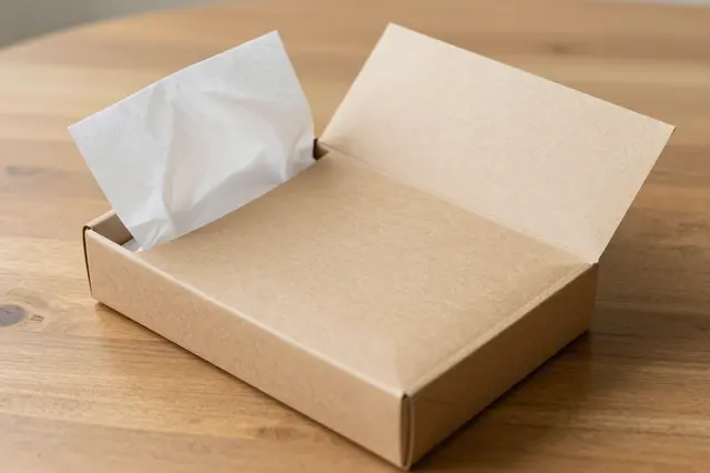 An open plain kraft mailer box with white tissue paper sits on a light wooden table
