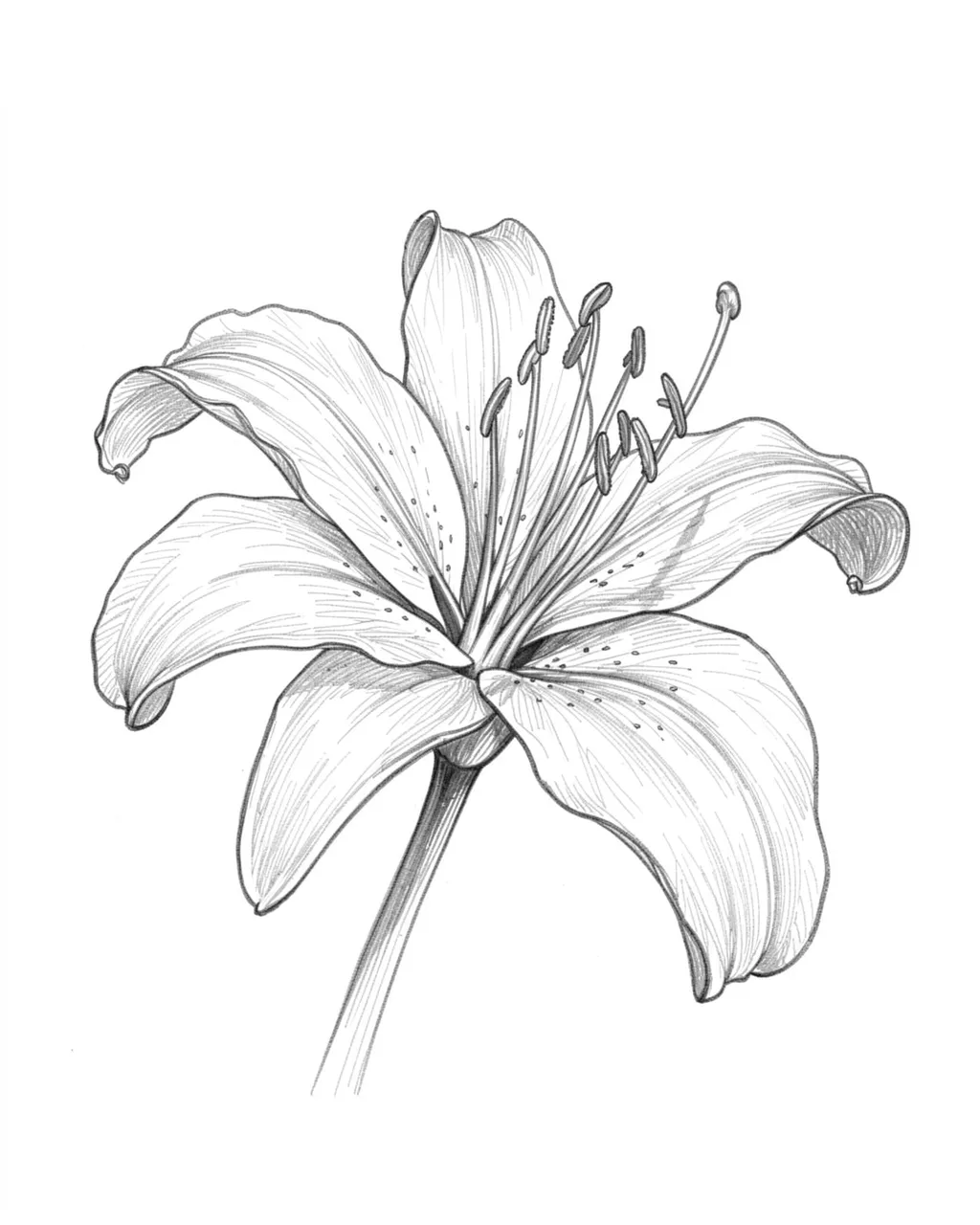 Fine graphite sketch of an open lily with curled petals and prominent stamens on white paper