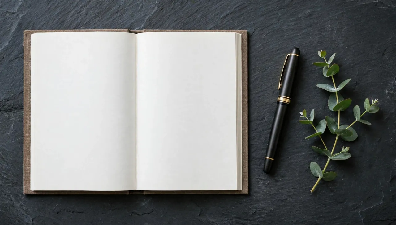 Overhead view of an open blank book, fountain pen, and eucalyptus sprig resting on a dark slate desk.