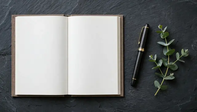 Overhead view of an open blank book, fountain pen, and eucalyptus sprig resting on a dark slate desk.