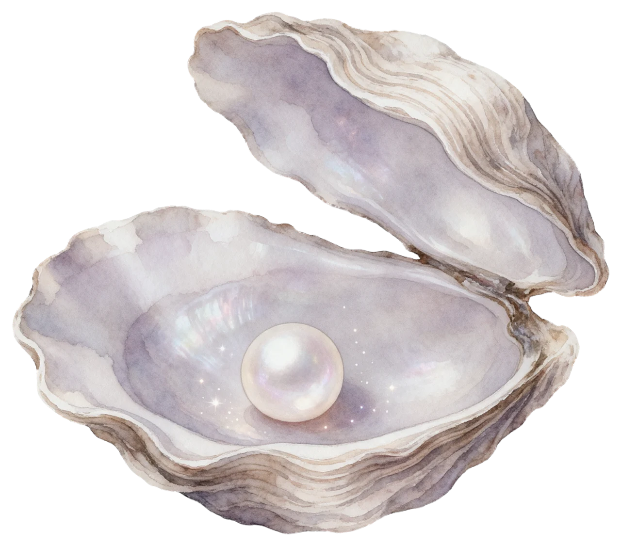 Delicate watercolor illustration of an open oyster shell holding a glowing round pearl with tiny surrounding sparkles