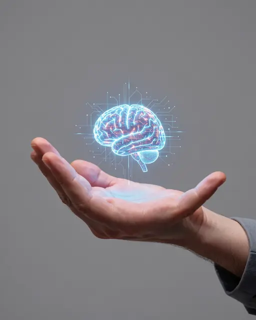 An open outstretched hand holds a glowing digital brain hologram against a plain gray background