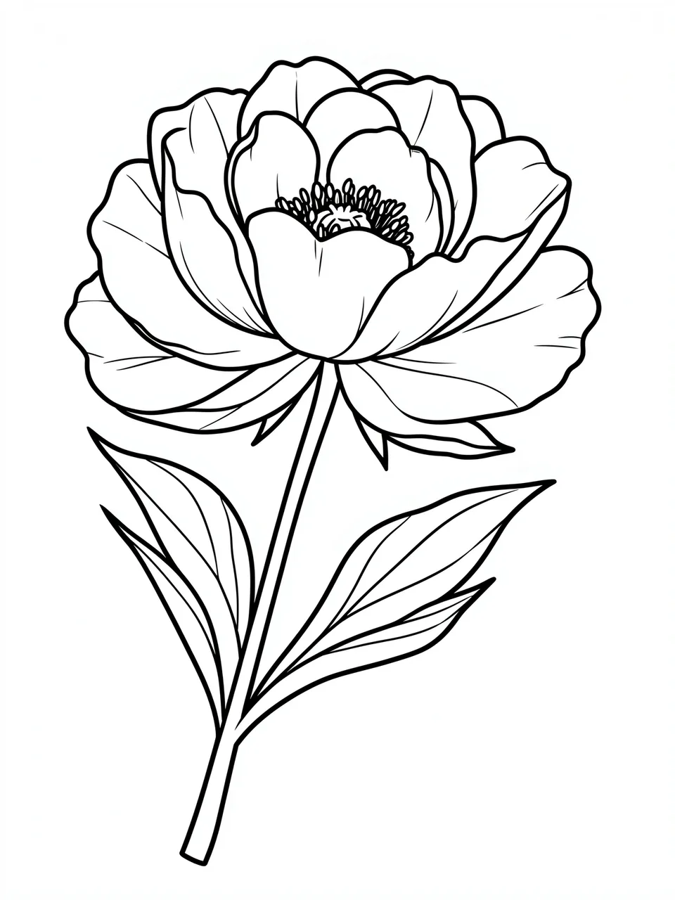 Bold black line art of an opening peony blossom on a stem with leaves, set against a plain white background