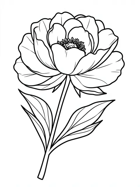 Bold black line art of an opening peony blossom on a stem with leaves, set against a plain white background