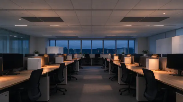 Empty tidy open-plan office rows of desks glowing warm desk lamps against blue evening window view
