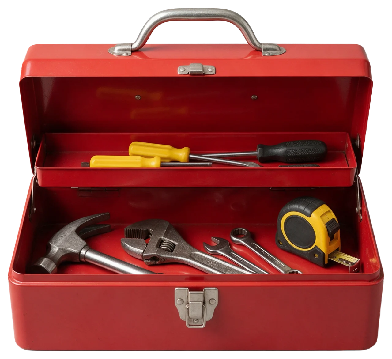 An open red metal toolbox holding assorted hand tools including hammer, wrenches and screwdrivers